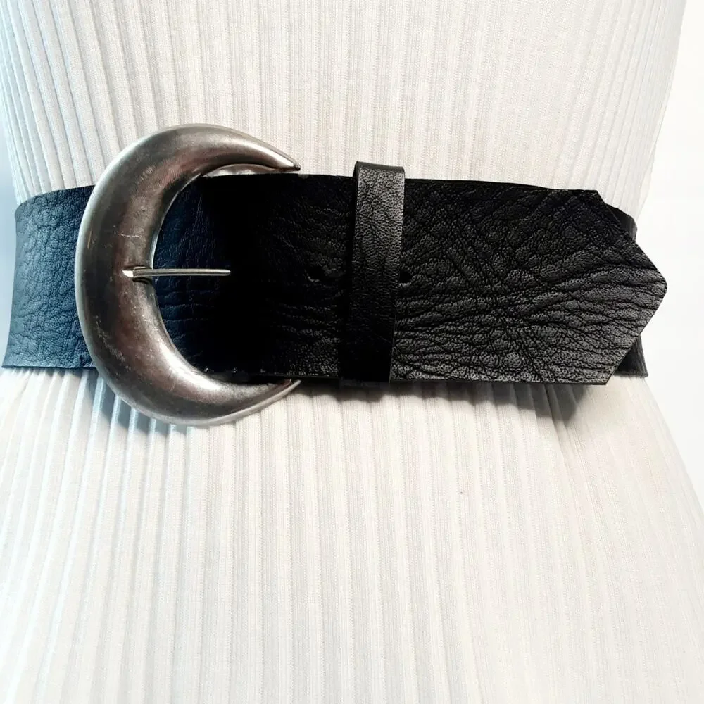 Womens Black Textured Faux Leather Wide Belt Size Small Lightweight